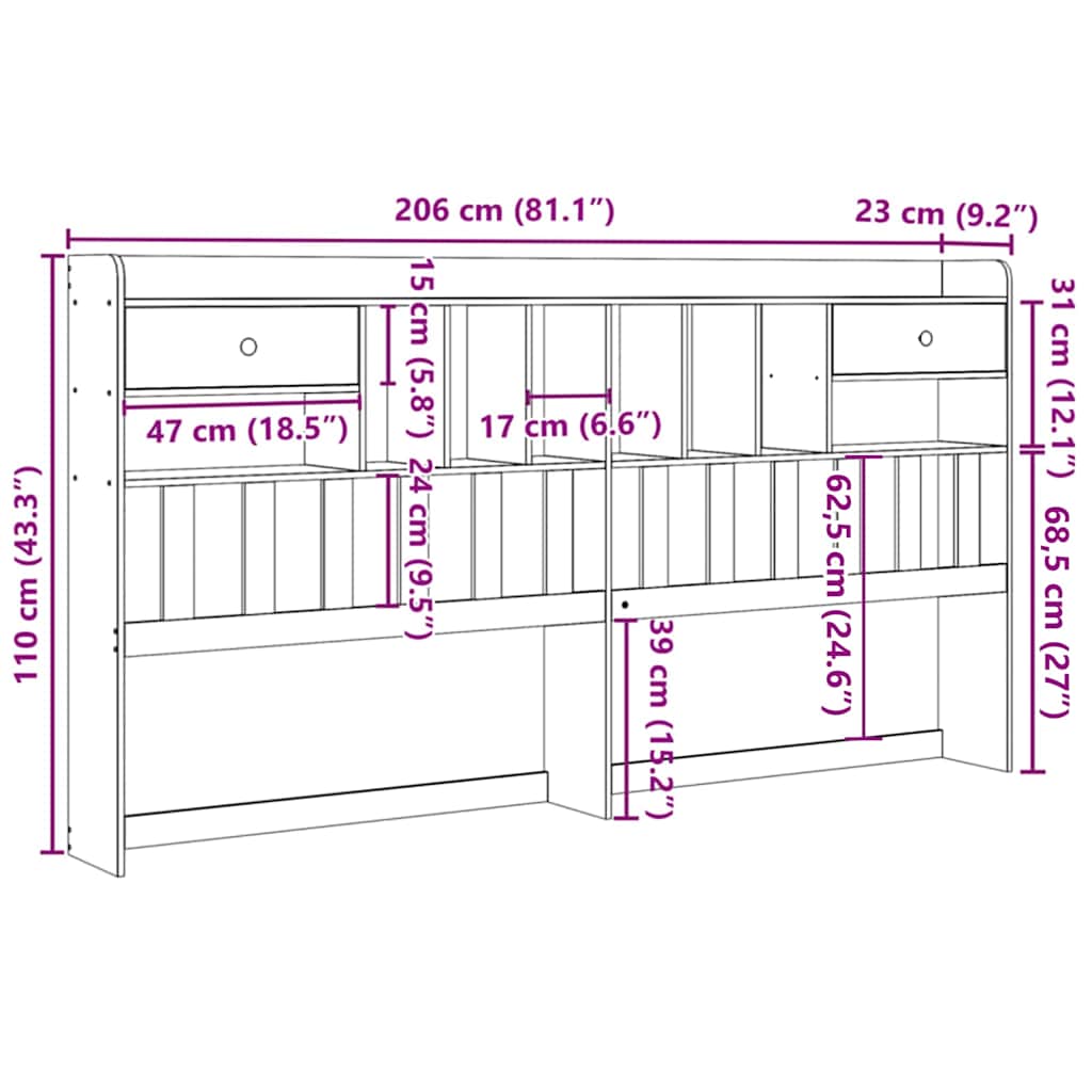 Headboard with Storage 200 cm Solid Wood Pine